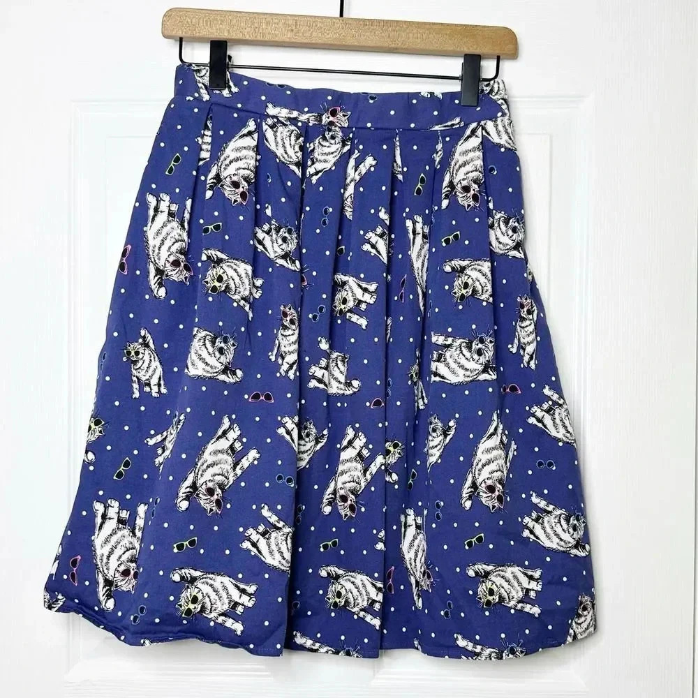 A-Line Pleated Cool Cat Sunglasses Skirt No‎ TAG READ
